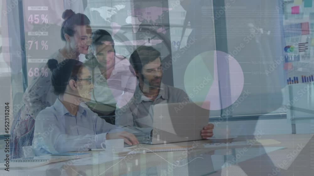 Poster animation of statistics and data processing over business people working in office