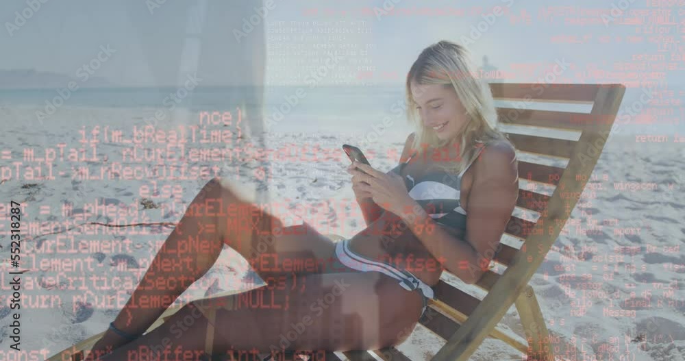 Poster animation of connections and data processing over woman using smartphone on beach