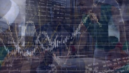 Animation of graphs, numbers, trading board, building, diverse basketball players talking at court - Powered by Adobe