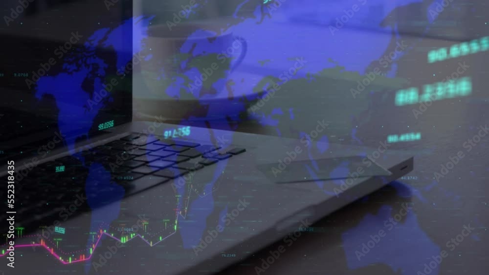 Poster animation of financial data processing and world map over laptop