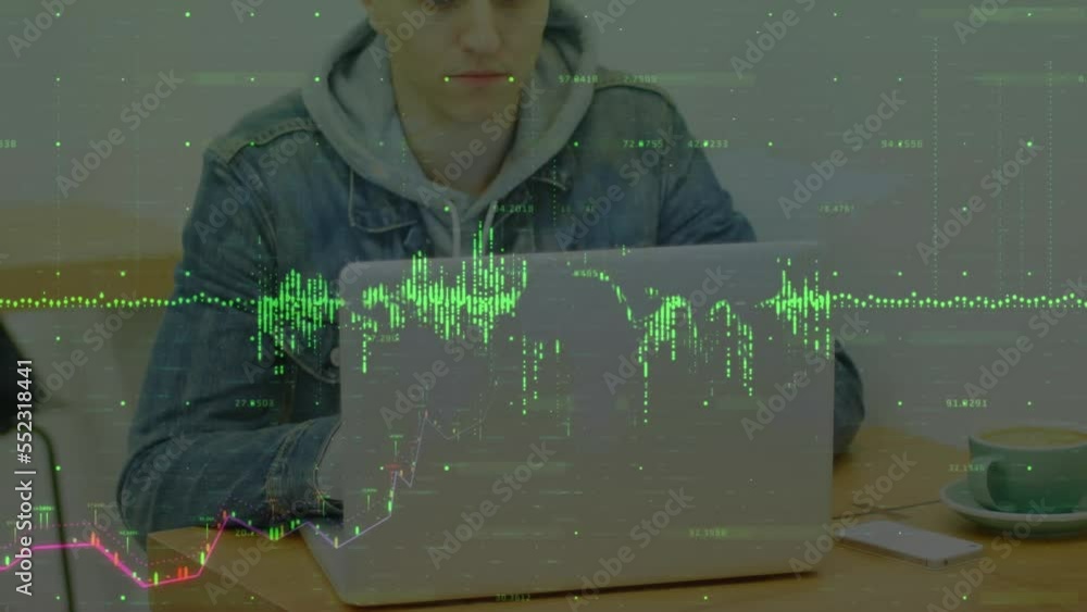 Poster animation of financial data processing over man using laptop