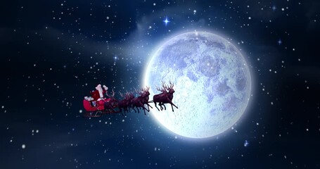 Animation of snow falling over santa in sleigh