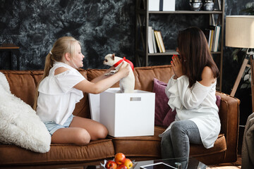 Mother and daughter relationship concept. A woman congratulates happy teenage girl on her birthday and gives her a gift. A dog in box. The family celebrates anniversary at home.