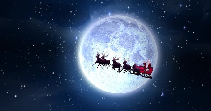 Animation of snow falling over santa in sleigh