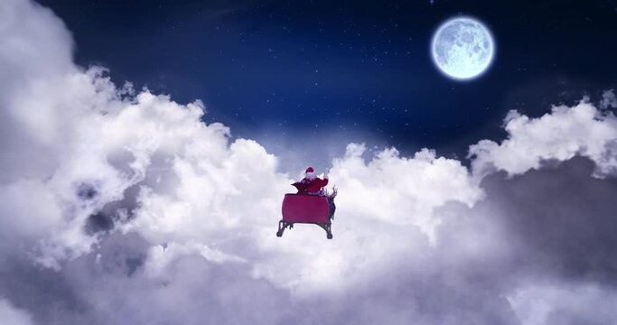 Animation of christmas santa claus in sleigh with reindeer over clouds and full moon