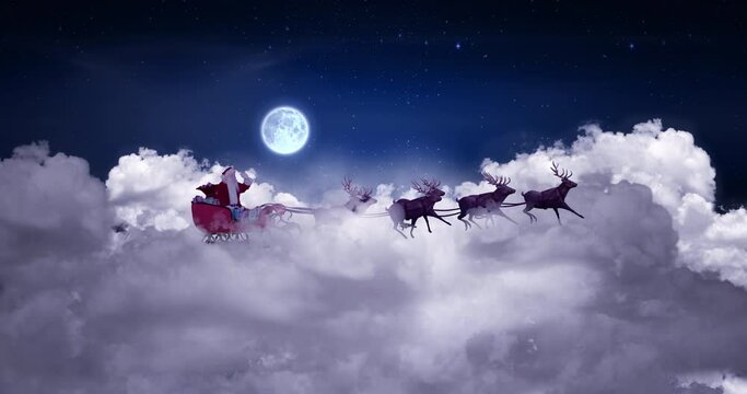Animation of christmas santa claus in sleigh with reindeer over clouds and full moon - Powered by Adobe