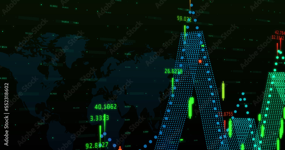 Poster multicolored graph and numbers moving against black background
