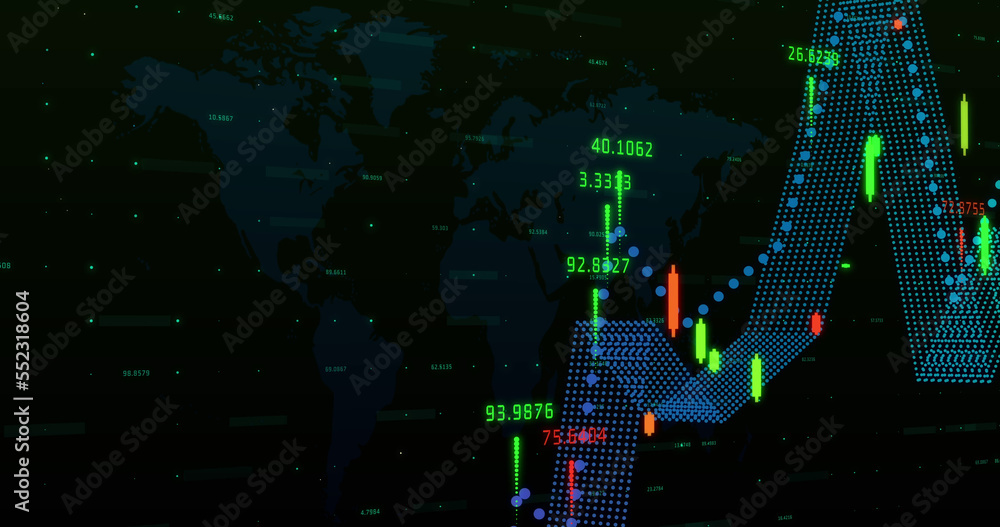 Poster multicolored graph and numbers moving against black background