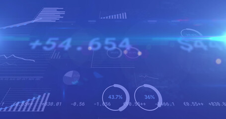 Image of stock exchange financial data processing and statistics over blue background