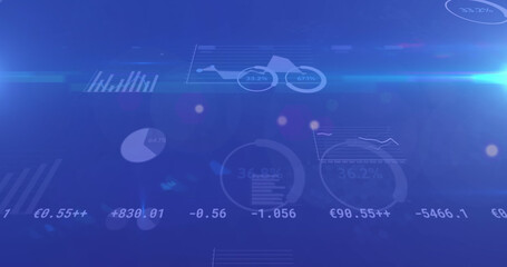 Image of stock exchange financial data processing and statistics over blue background