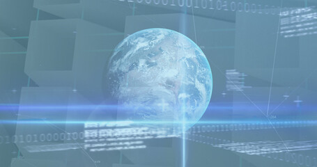 Image of stock market financial data processing over globe