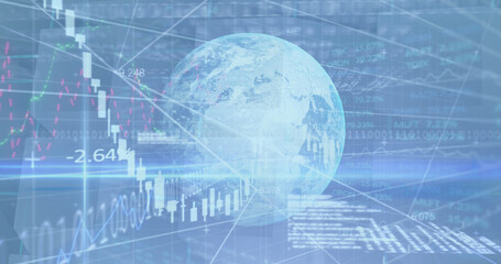 Image of stock market financial data processing over globe