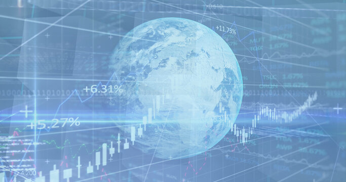 Image of stock market financial data processing over globe