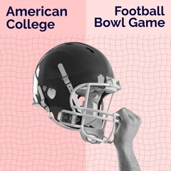 Composition of american college football text over hand with helmet