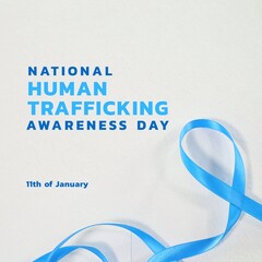 Image of national human trafficking awareness day on beige background with ribbon