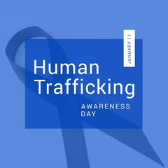 Image of human trafficking awareness day over blue background with ribbon