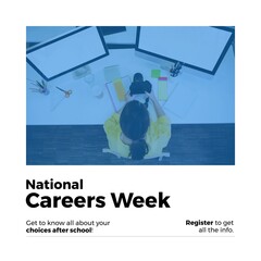 Composition of national careers week text over woman holding camera in office