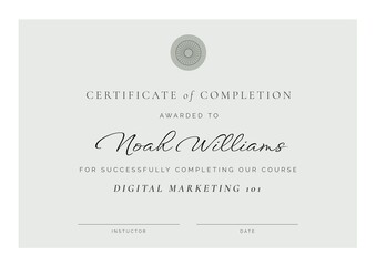 Composition of course completion certificate text over grey background - Powered by Adobe