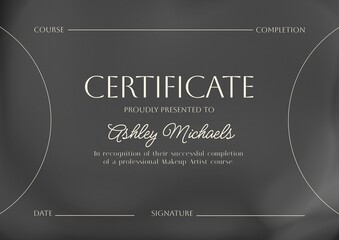 Composition of course completion certificate text over grey background