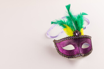 Composition of colourful mardi gras carnival mask with feathers on white background with copy space