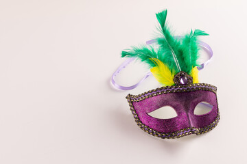 Composition of colourful mardi gras carnival mask with feathers on white background with copy space © vectorfusionart