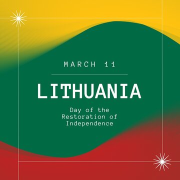 Composition of lithuania independence day text over yellow, red and green background