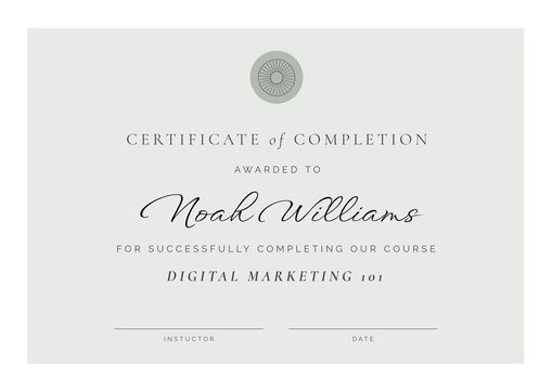 Composition of course completion certificate text over grey background - Powered by Adobe
