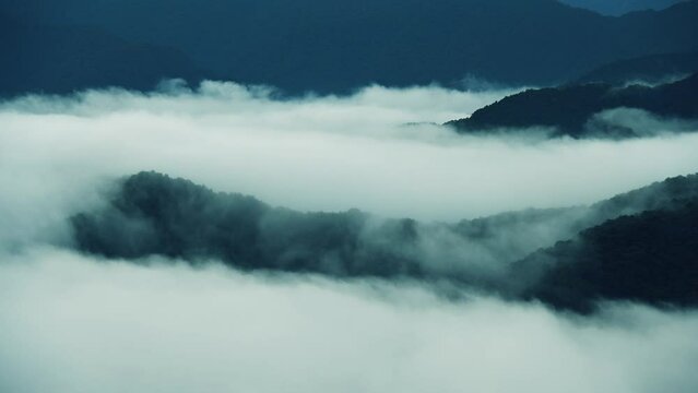 White clouds pass between the mountain tops. The beautiful sea of clouds. Feicui Reservoir, Shiding District, New Taipei City, Taiwan.