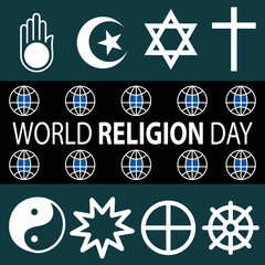 Vector design banner celebrating  world religion day in January. Banner consists of some of the different religions around the world on a green background. Every religion is important ,valued and seen