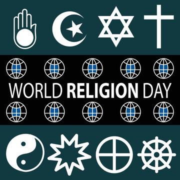 Vector design banner celebrating  world religion day in January. Banner consists of some of the different religions around the world on a green background. Every religion is important ,valued and seen