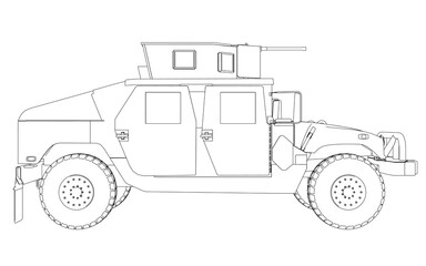 Outline of a combat jeep with weapons from black lines isolated on a white background. Side view. 3D. Vector illustration.