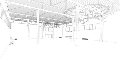 Hangar outline from black lines isolated on white background. Warehouse space. 3D. Vector illustration.