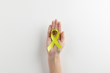 Composition of hand holding light green std awareness ribbon on white background with copy space