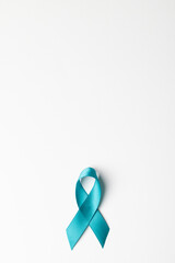 Close up of blue ribbon on white background with copy space