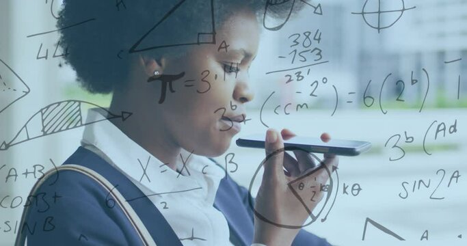 Animation of mathematical equations and business data over african american woman using smartphone
