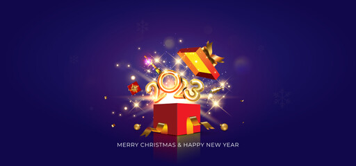 Obraz na płótnie Canvas Open gift box and 3d 2023 Golden number pop out with fireworks and sparkle background. 2023 Happy New Year and merry christmas wishing card. 