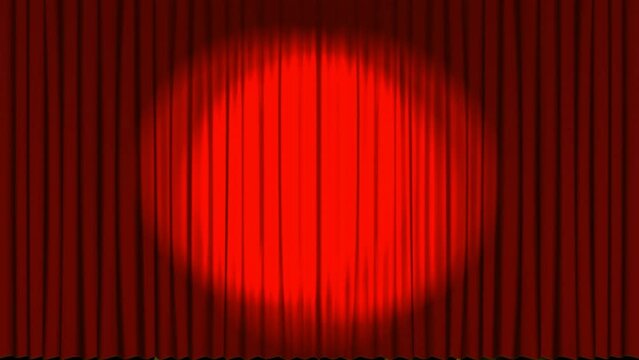 Animation of spotlights on red curtains and glowing spots in background