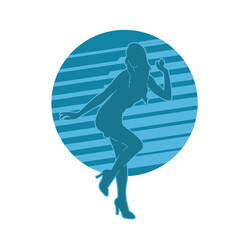 Silhouette of a woman dancing happily. vector illustration on blue stripe background.