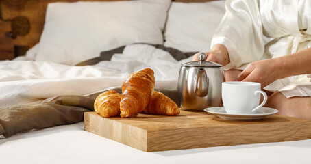 Morning hot coffee in bed, sunlight pouring in and free space