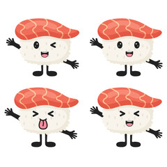 Cute sushi with salmon. Kawaii eyes and smile with hands and legs. Flat design vector illustration