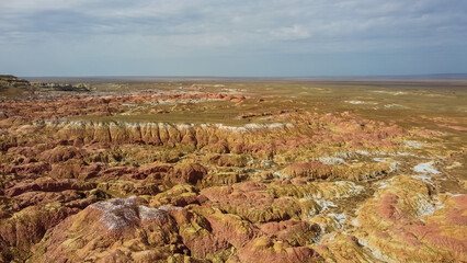 Landscape of multi-colored clay dunes. Mars on earth.