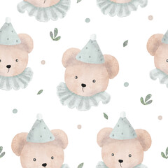 Watercolor vector Baby shower seamless pattern plush toy bear. Toys and green leaves.