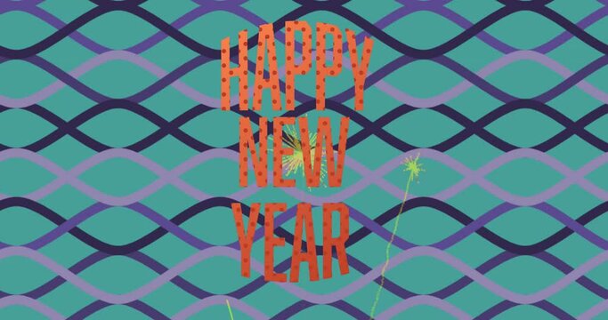 Animation of happy new year text over pattern and fireworks