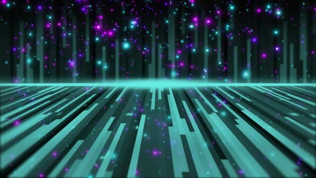 Animation of glowing spots of light and green glowing light trails on black background