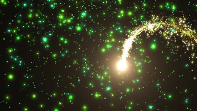 Animation of shooting star and glowing spots of green light on black background