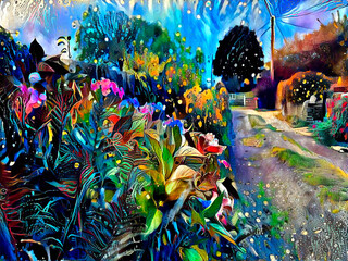 Fototapeta na wymiar Allerton Lane, with Wild Flowers and Trees, in the City of Bradford, Yorkshire, UK digital art