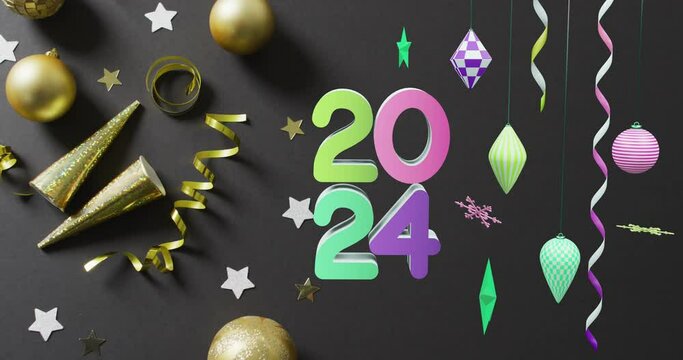 Animation of 2024 text and christmas decorations in background