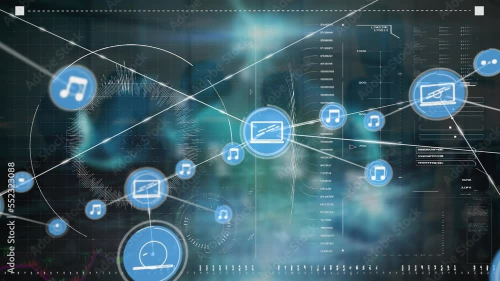 Poster animation of network of digital icons against interface with data processing on blue background