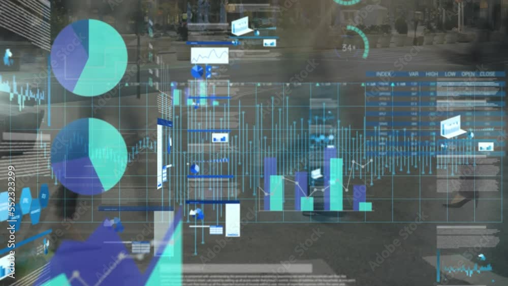 Poster animation of financial data processing and statistics