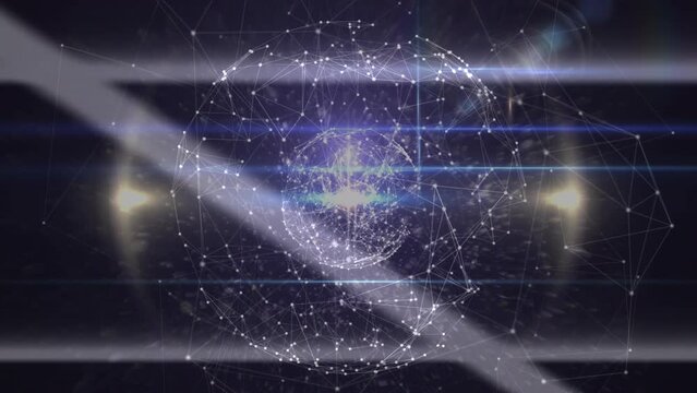 Animation of globe of network of connections spinning and light spots against black background